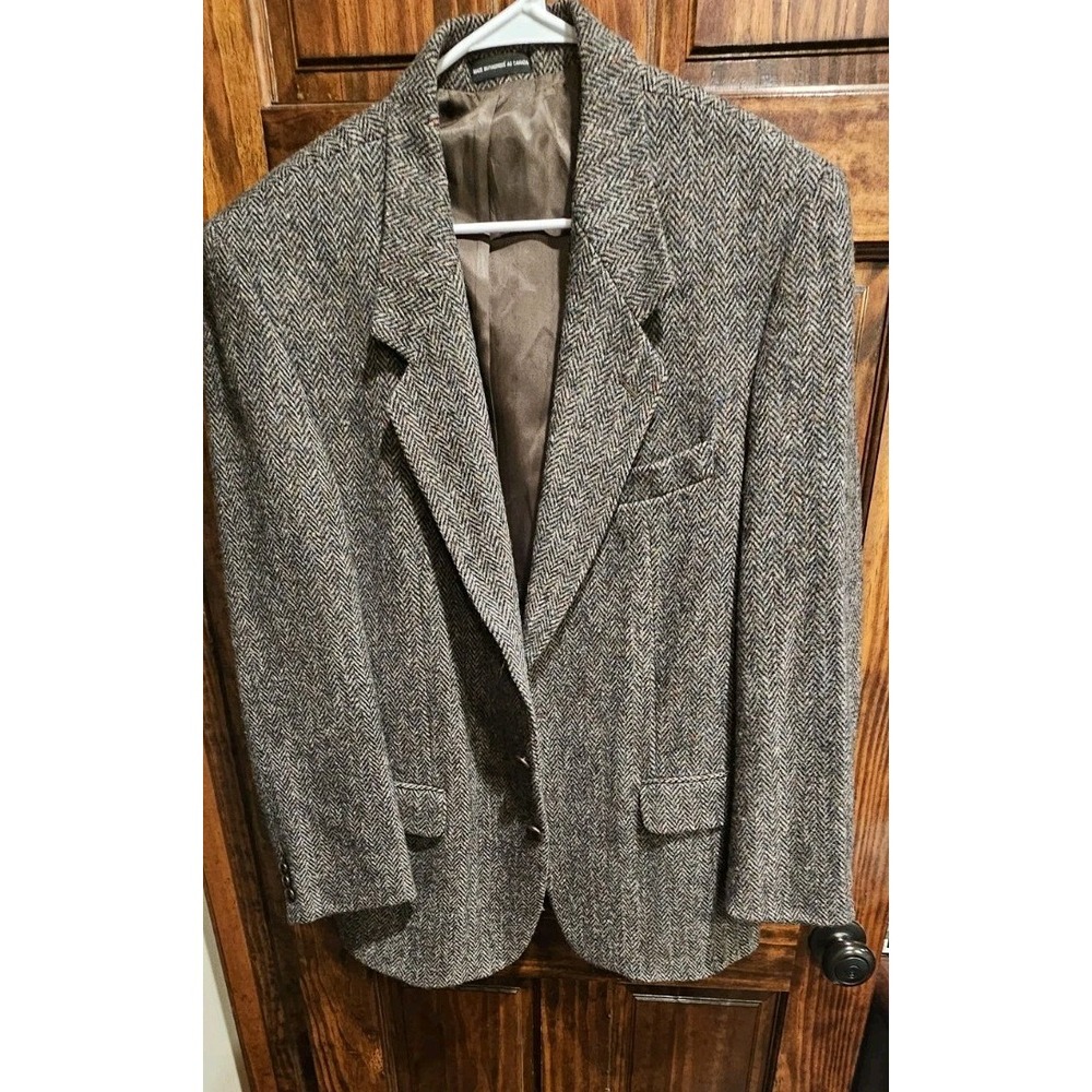Harris Tweed Mens 43R Wool Herringbone Business Blazer Vintage 70s 80s Brown